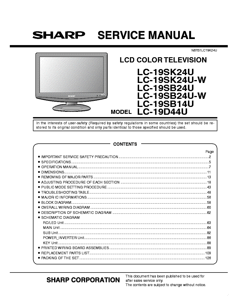 SHARP LC-19SK24U 19SB14U 19SB24U 19D44U Service Manual download ...