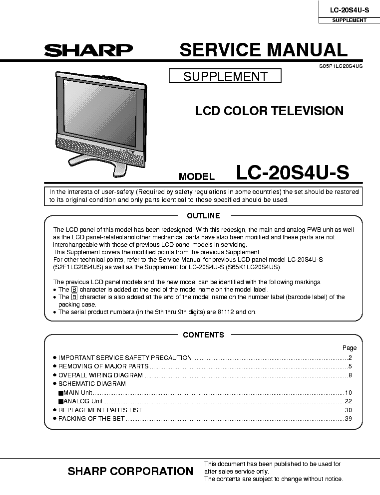 SHARP LC-20S4U-S SM service manual (1st page)