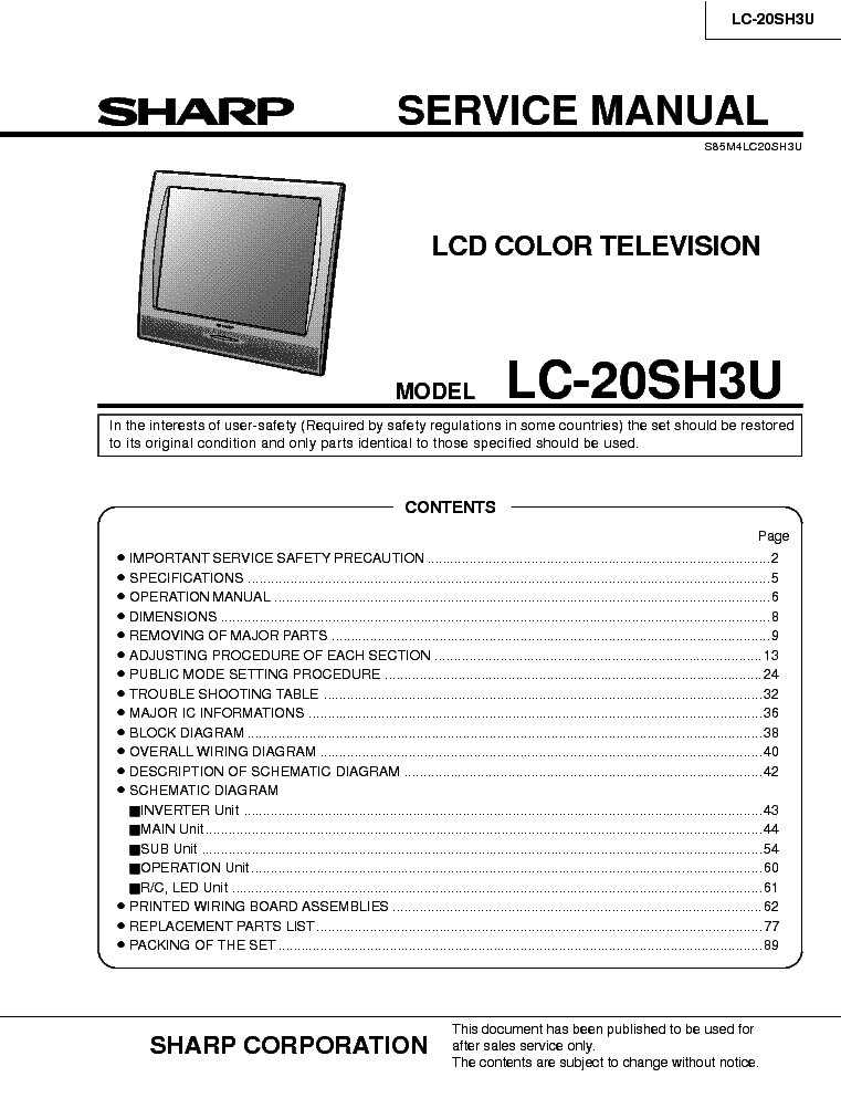 SHARP LC-20SH3U service manual (1st page)
