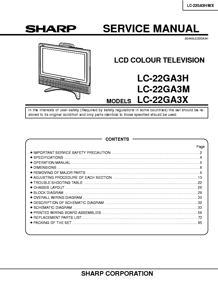 SHARP LC-22GA3H M X SM service manual (1st page)