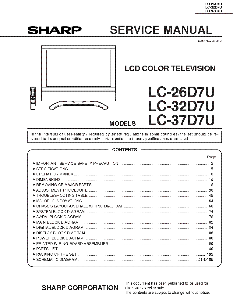 SHARP LC-26-32-37D7U service manual (1st page)