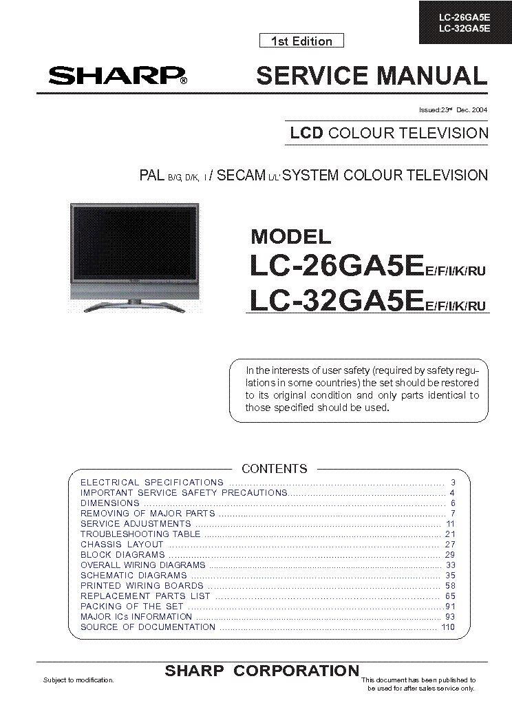 SHARP LC-26GA5E LC-32GA5E SM service manual (1st page)