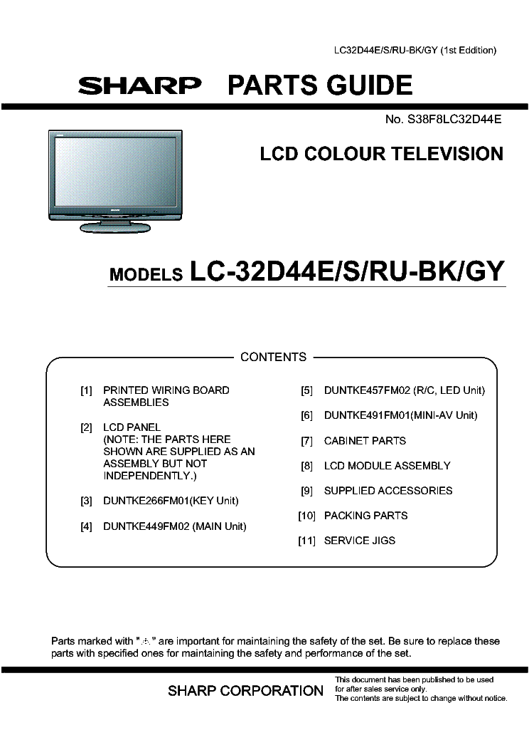SHARP LC-32D44E PARTS GUIDE service manual (1st page)