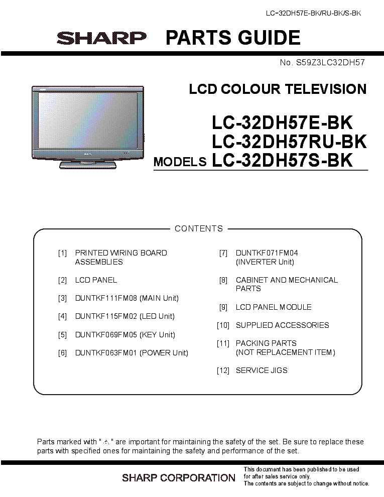 SHARP LC-32DH57E-BK 32DH57RU-BK 32DH57S-BK PARTS GUIDE service manual (1st page)
