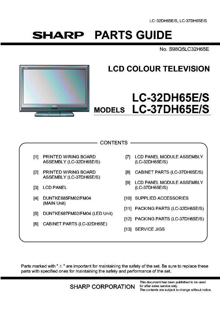 SHARP LC-32DH65E LC-37DH65E PARTS service manual (1st page)