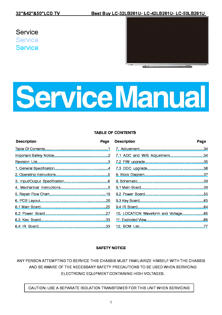 SHARP LC-32LB261U LC-42LB261U LC-50LB261U SM Service Manual download