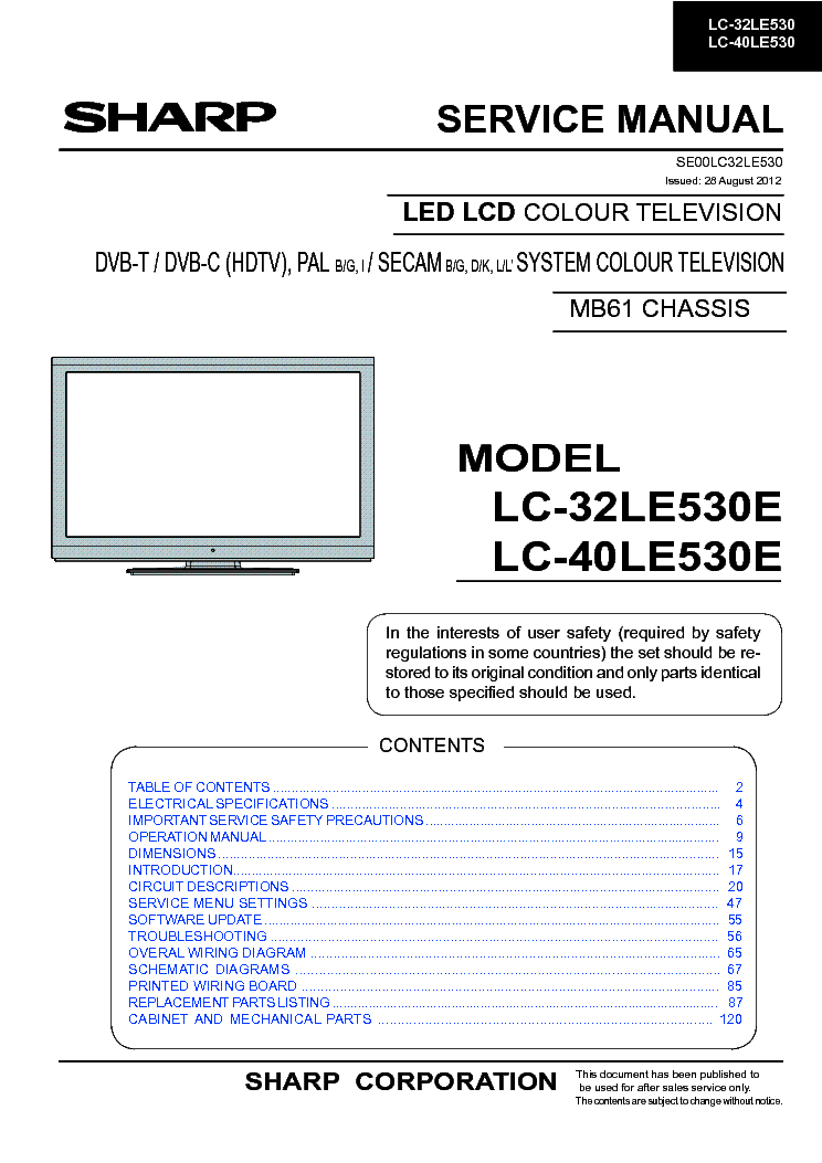 SHARP LC-32LE530E LC-40LE530E CHASSIS 17MB61 SM service manual (1st page)