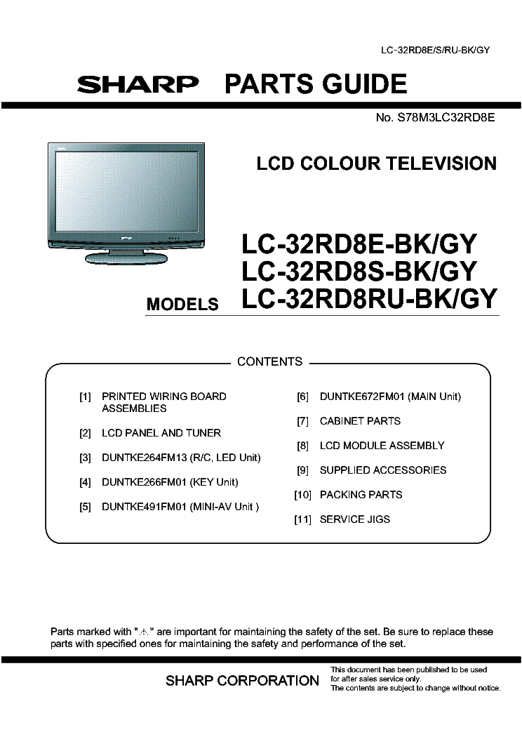 SHARP LC-32RD8E LC-32RD8S LC-32RD8RU-BK GY PARTS GUIDE service manual (1st page)