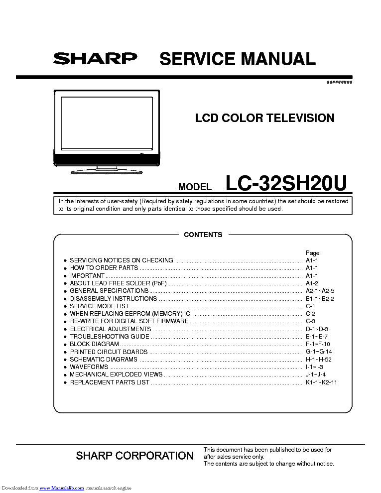 SHARP LC-32SH20U SM Service Manual download, schematics, eeprom, repair