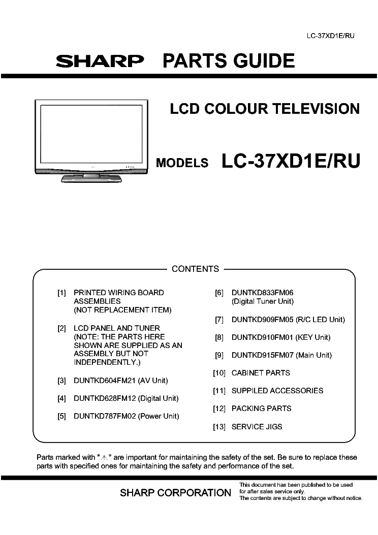 SHARP LC-37XD1E RU PARTS GUIDE service manual (1st page)