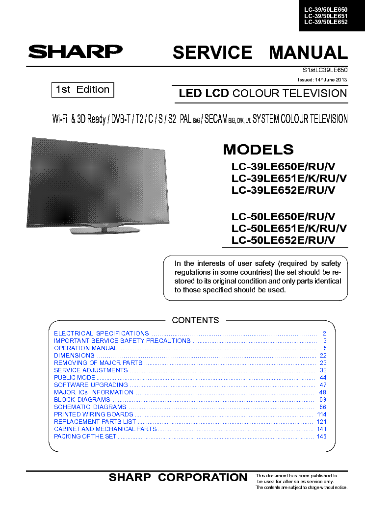 SHARP LC-39LE650E 50LE650E LC-39LE651E 50LE651E LC-39LE652E 50LE652E service manual (1st page)