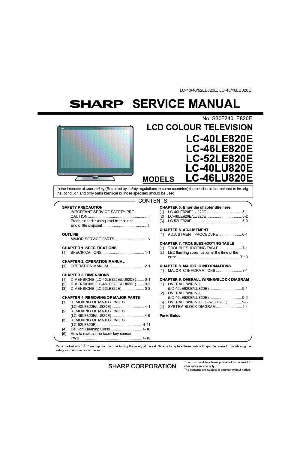 SHARP LC-40LE820E LC-46LE820E LC-52LE820E LC-40LU820E LC-46LU820E service manual (1st page)
