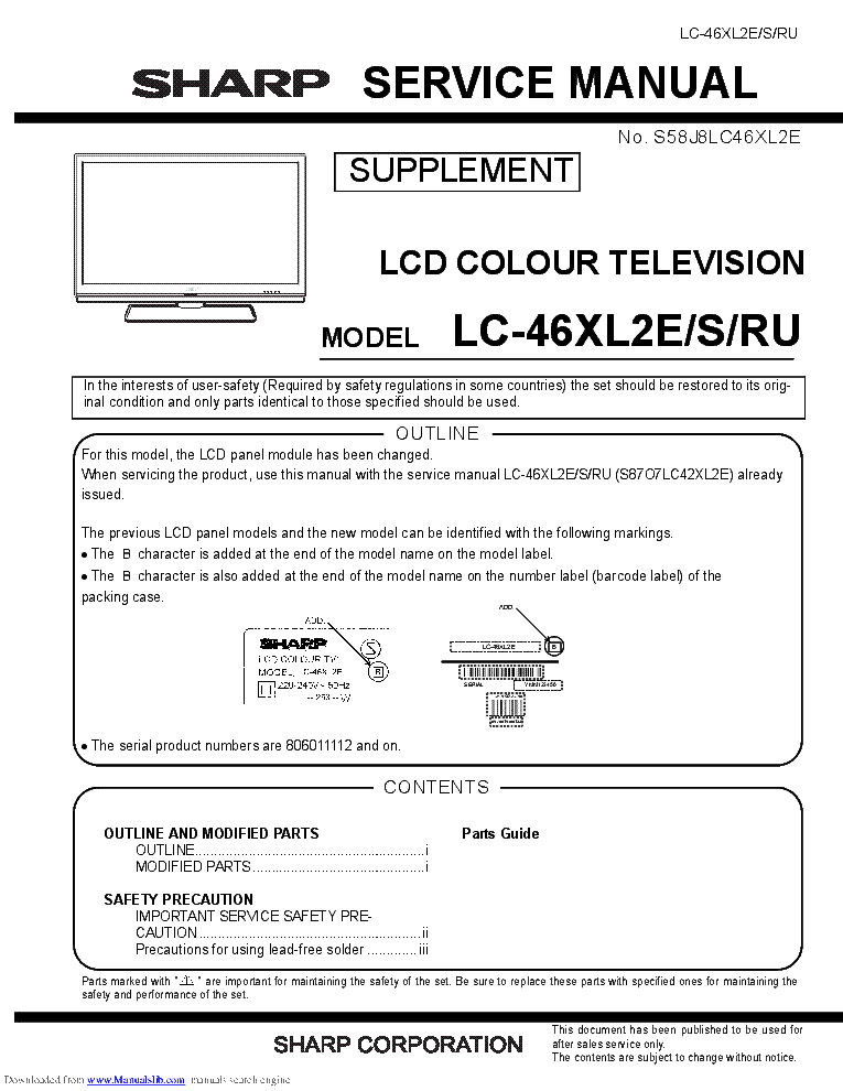 SHARP LC-46XL2E S RU SUPPLEMENT service manual (1st page)