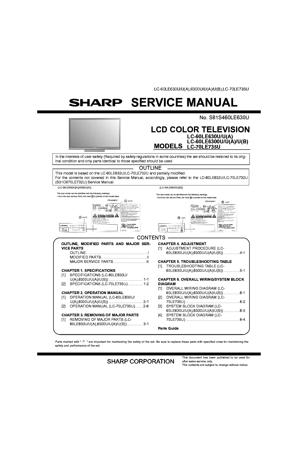 SHARP LC-60LE630U-A LC-60LE6300U-A-B LC-70LE735U EXCLUDING PWB service manual (1st page)