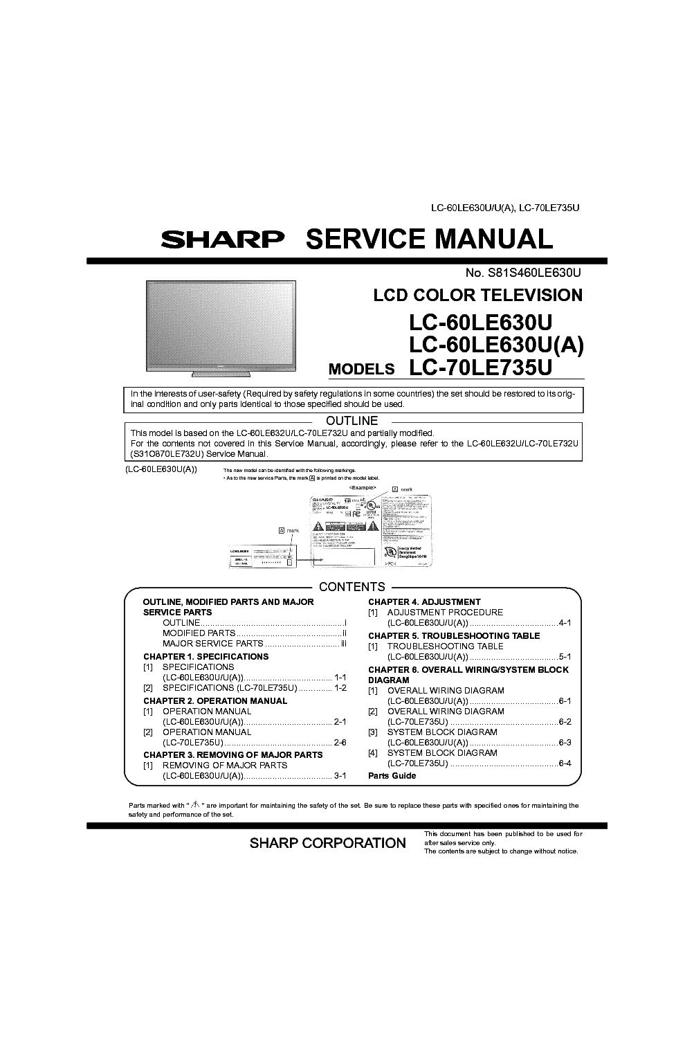 SHARP LC-60LE630U-A LC-70LE735U EXCLUDING PWB service manual (1st page)