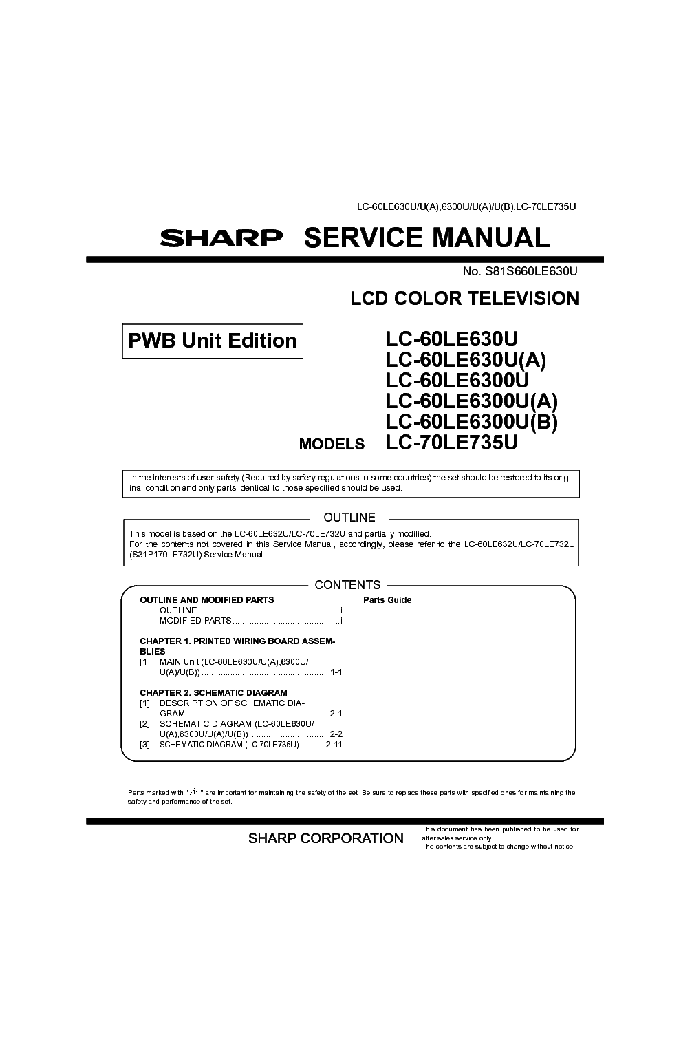 SHARP LC-60LE630U 6300 A B LC-70LE735U service manual (1st page)
