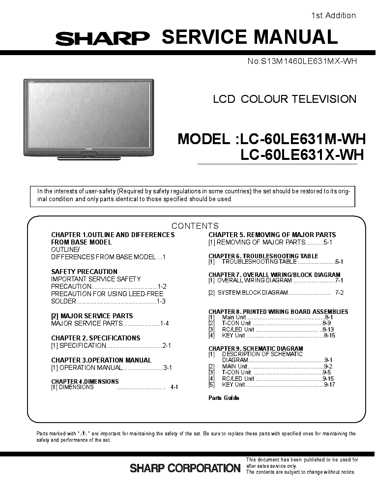 SHARP LC-60LE631M-WH LC-60LE631X-WH service manual (1st page)