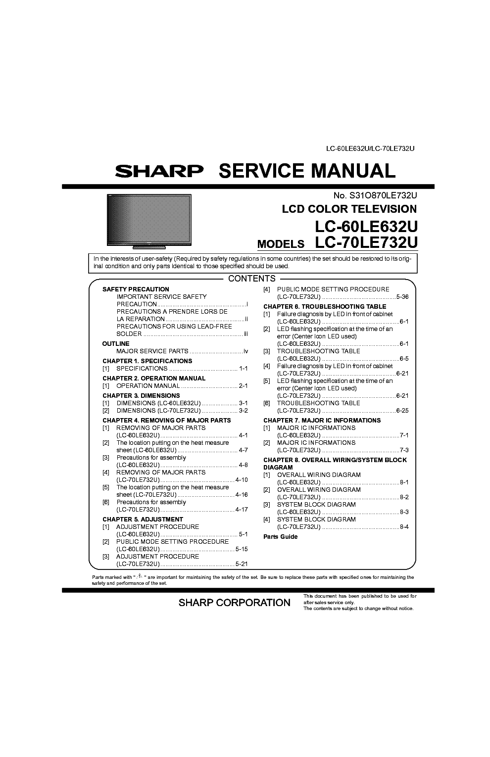 SHARP LC-60LE632U LC-70LE732U EXCLUDING PWB service manual (1st page)