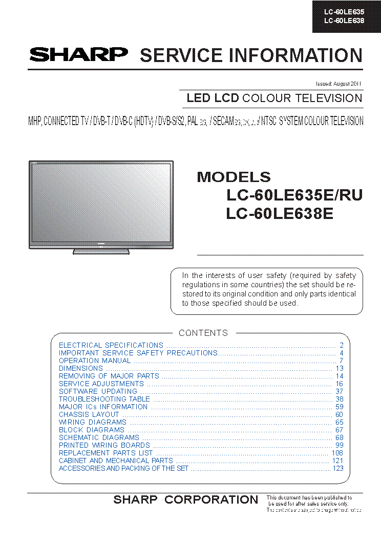 SHARP LC-60LE635E LC-60LE638E service manual (1st page)