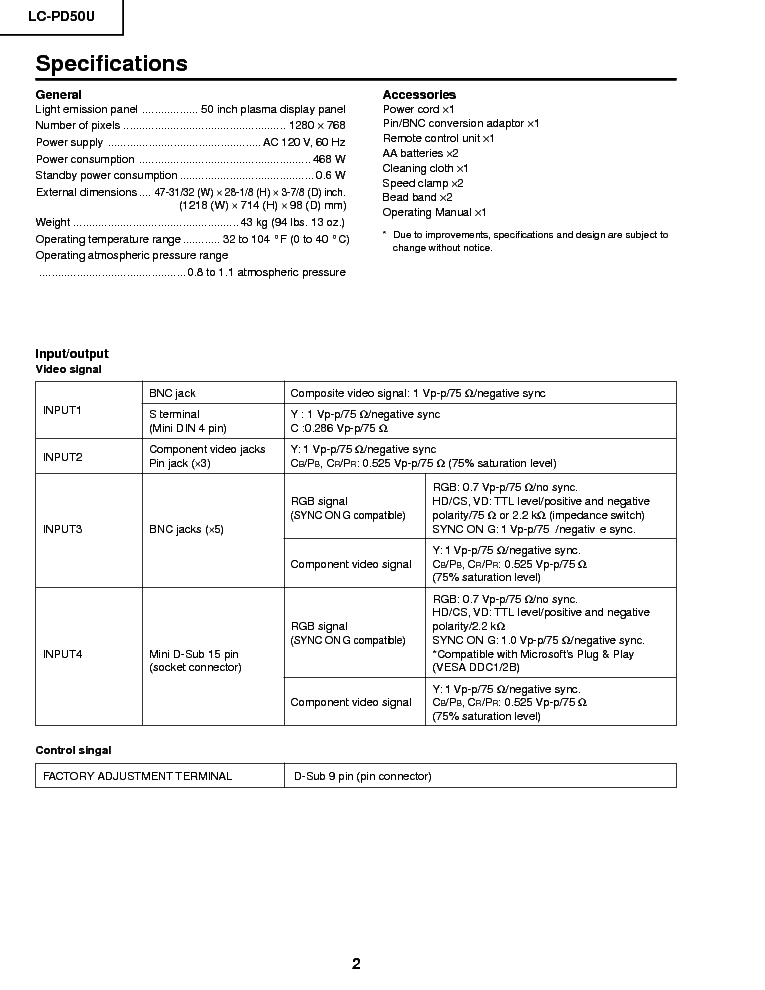 SHARP LC-PD50U service manual (2nd page)