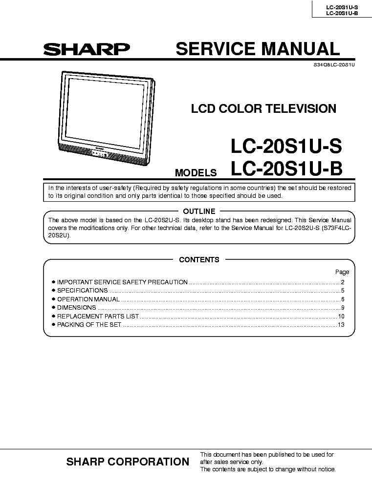 SHARP LC20S1US LCD TV service manual (1st page)