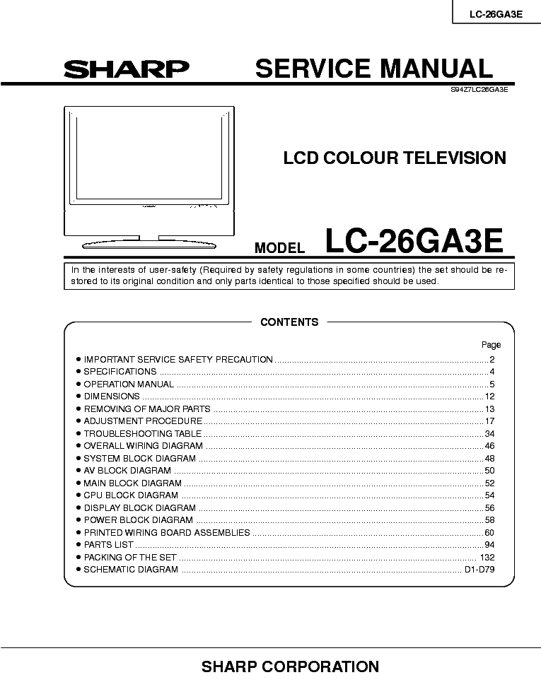 SHARP LC26GA3E service manual (1st page)