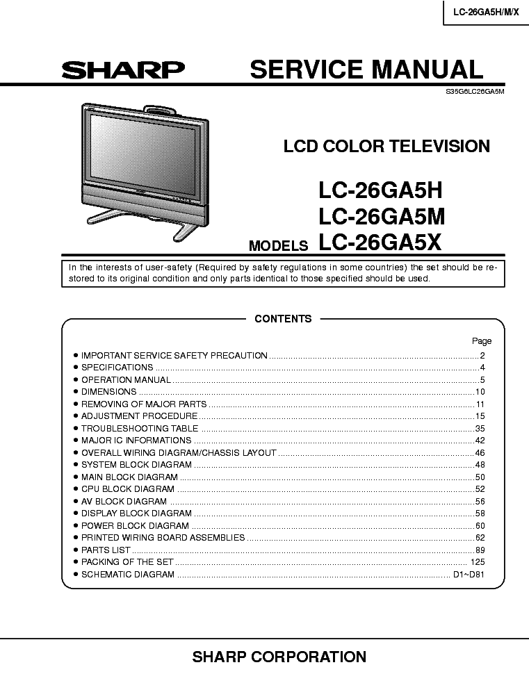 SHARP LC26GA5H LCD TV SM service manual (1st page)