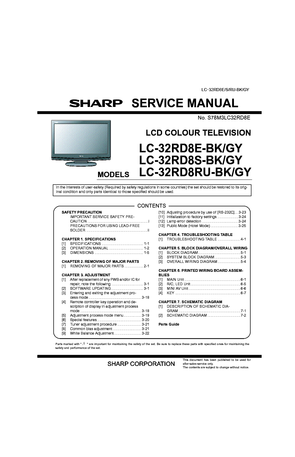 SHARP LC32RD8E LCD TV SM Service Manual download, schematics, eeprom ...