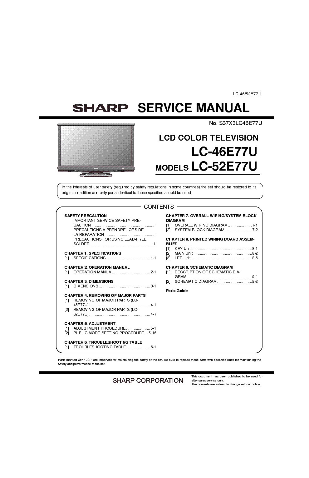SHARP LC46 52E77U SM service manual (1st page)