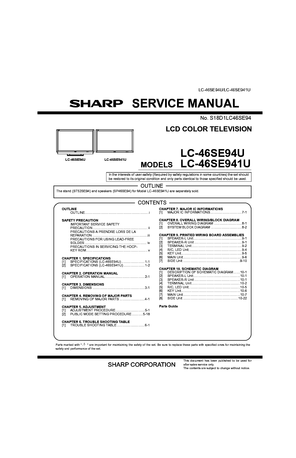 SHARP LC46SE94 941U service manual (1st page)