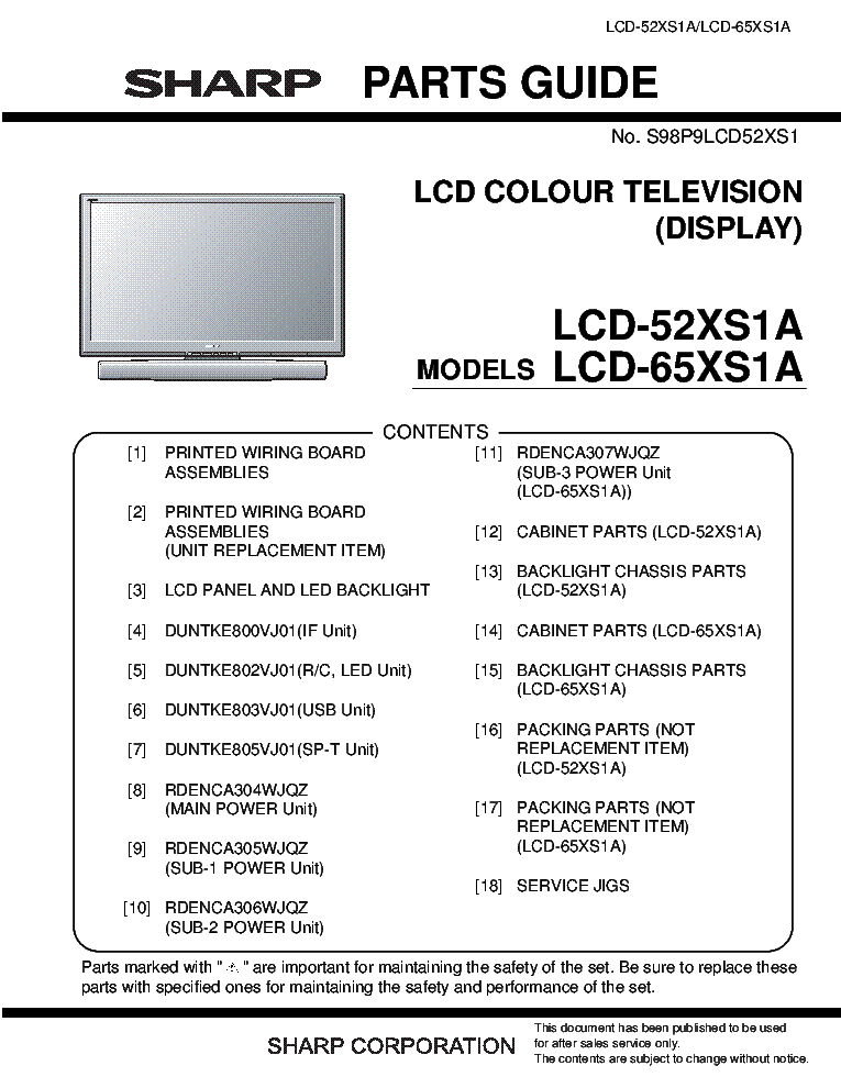SHARP LCD-52XS1A LCD-65XS1A SM service manual (1st page)