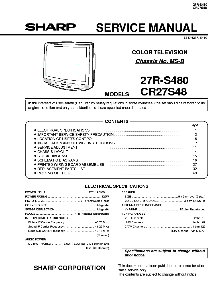 SHARP MSB CHASSIS 27RS480 service manual (1st page)