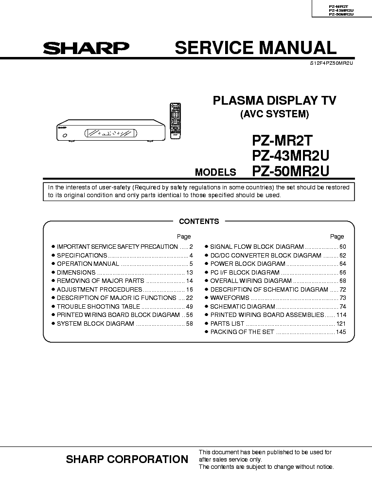 SHARP PZ-MR2T PZ-43-50MR2U service manual (1st page)