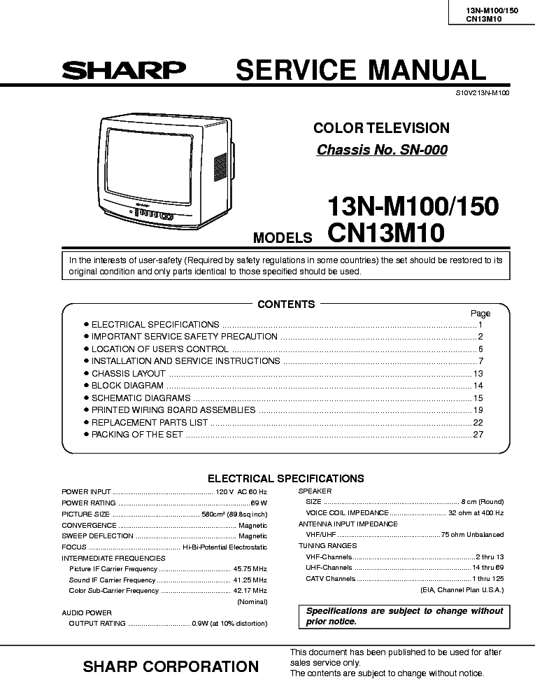 SHARP SN000 CHASSIS 13NM100 service manual (1st page)