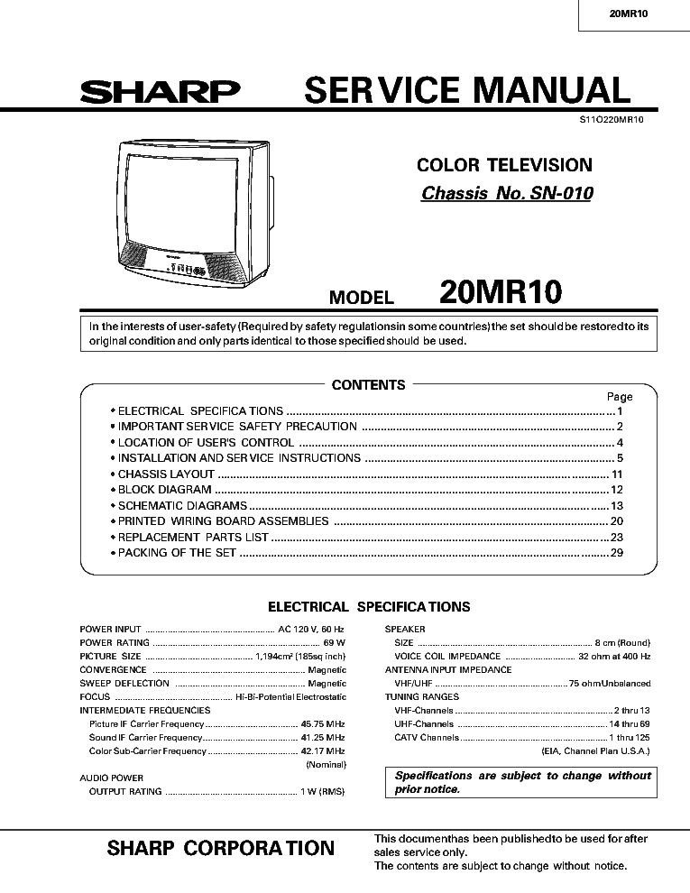 SHARP SN010 CHASSIS 20MR10 service manual (1st page)