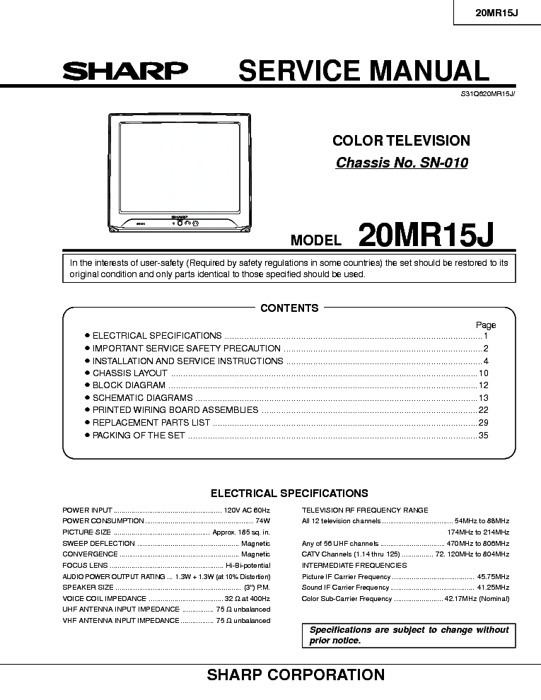 SHARP SN010 CHASSIS 20MR15J service manual (1st page)