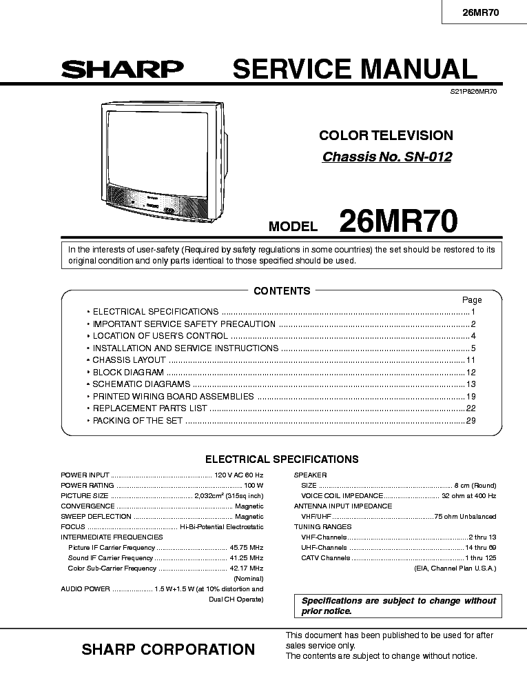 SHARP SN012 CHASSIS 26MR70 service manual (1st page)