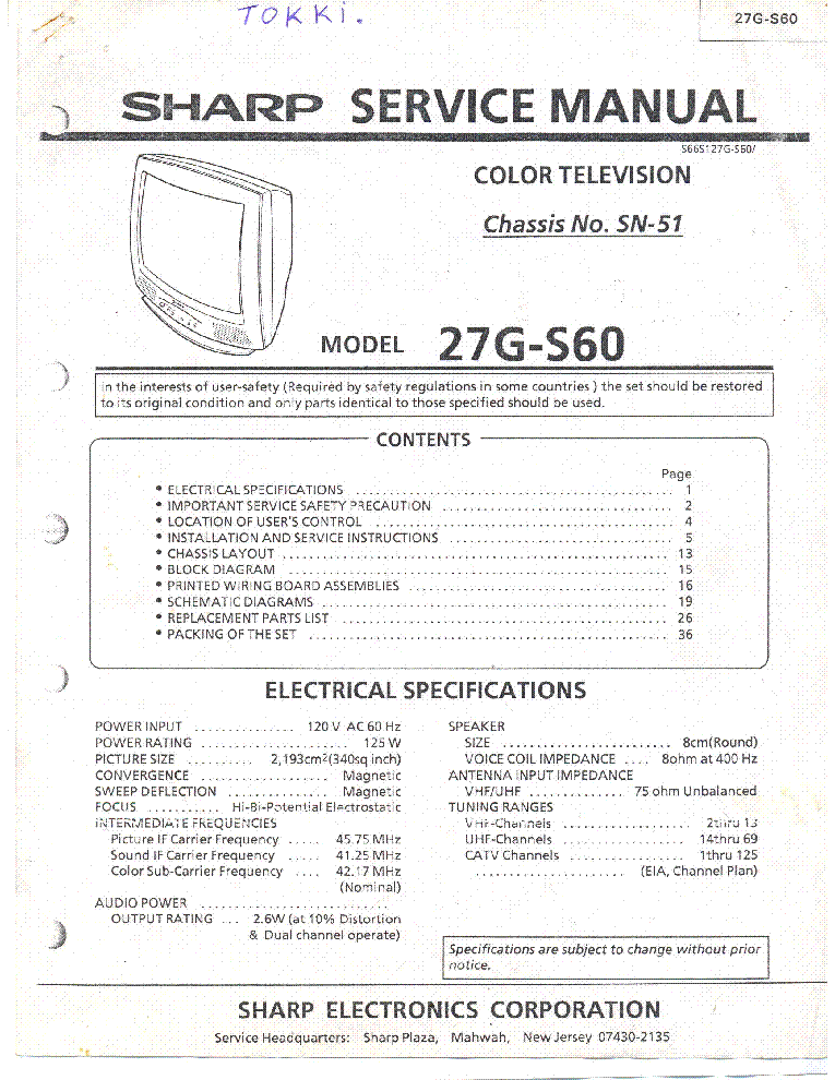 SHARP SN51 CHASSIS 29GS60 service manual (1st page)