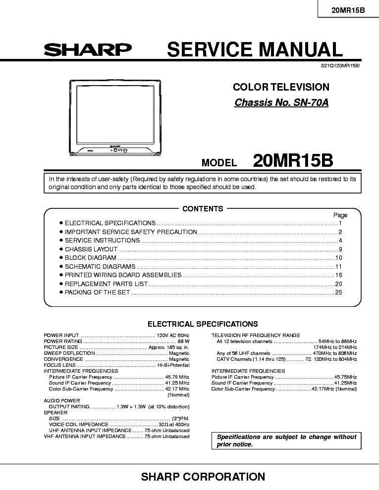 SHARP SN70A CHASSIS 20MR15B service manual (1st page)