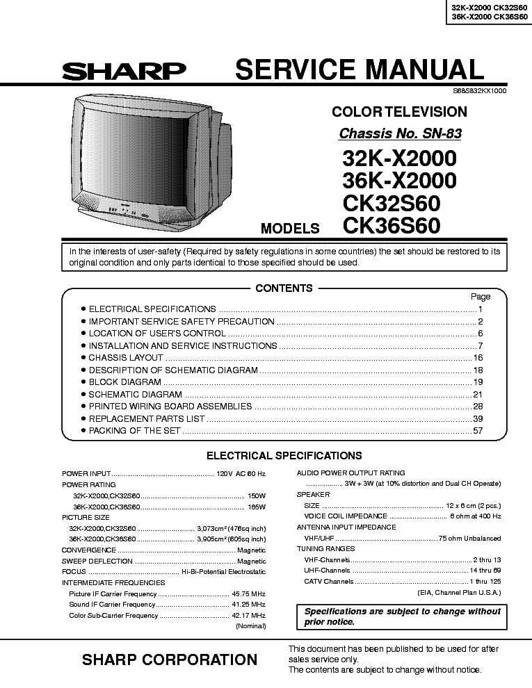 SHARP SN83 CHASSIS 32KX2000 service manual (1st page)
