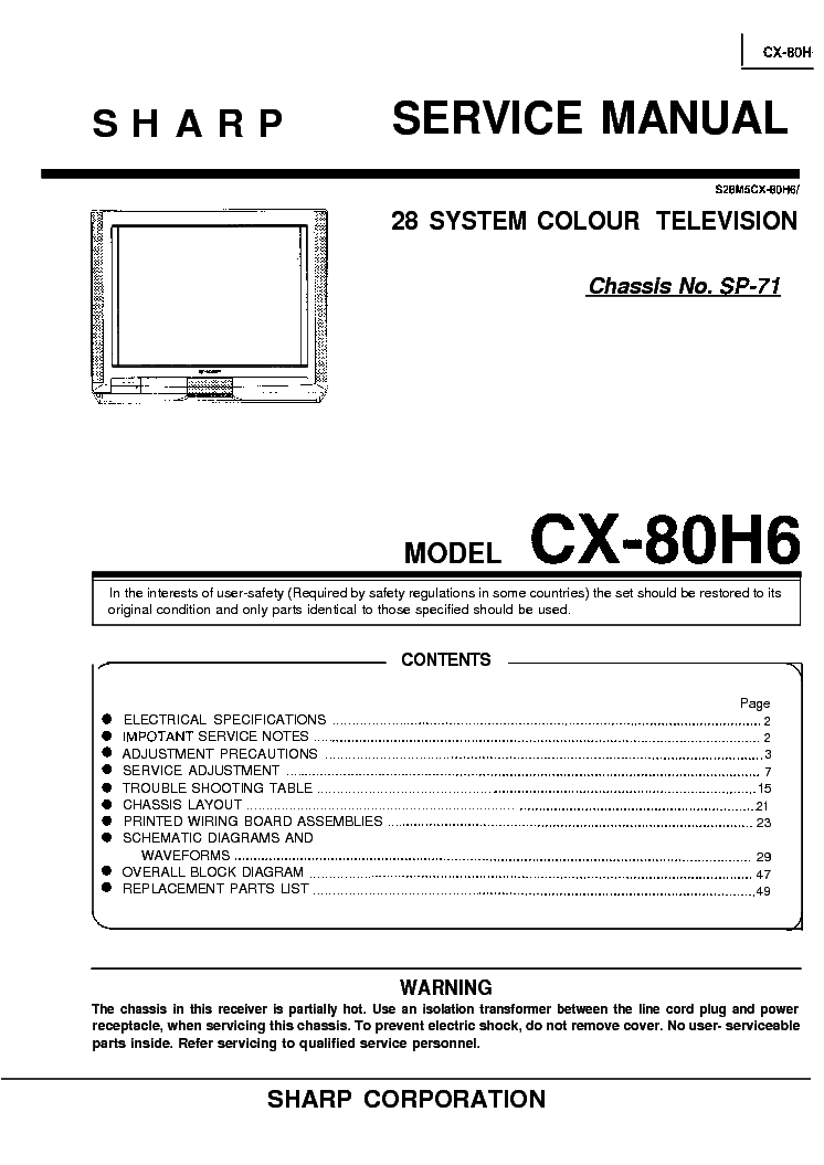 SHARP SP71 CHASSIS CX80H6 TV SM service manual (1st page)