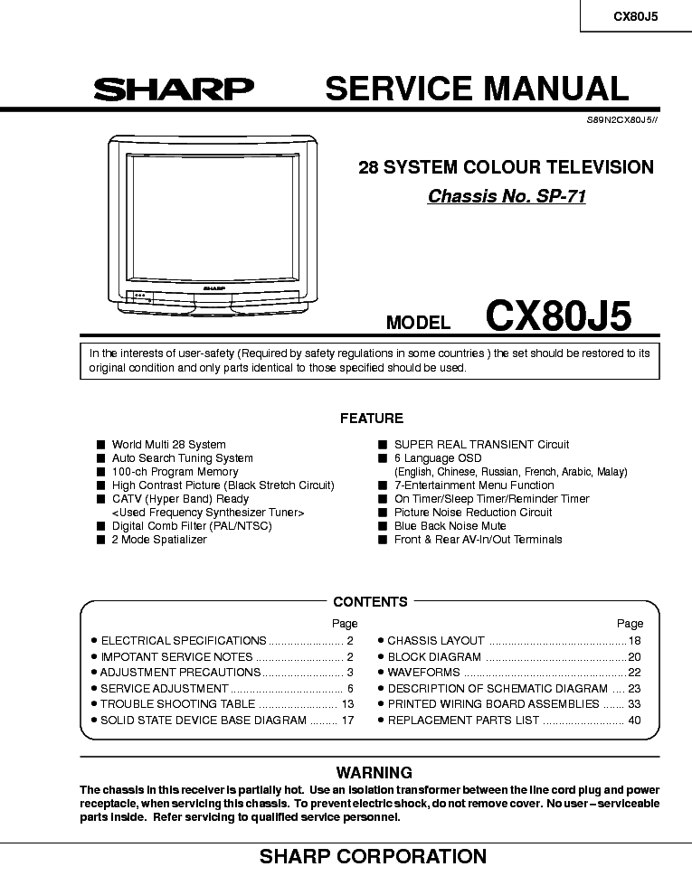 SHARP SP71 CHASSIS CX80J5 TV SM service manual (1st page)