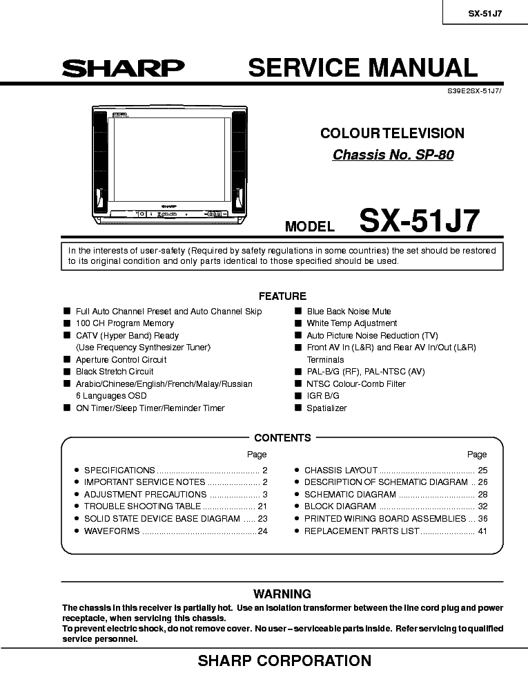 SHARP SP80 CHASSIS SX51JS TV SM service manual (1st page)