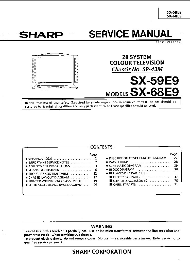 SHARP SX-59E9 SX-68E9 CH SP-43M service manual (1st page)