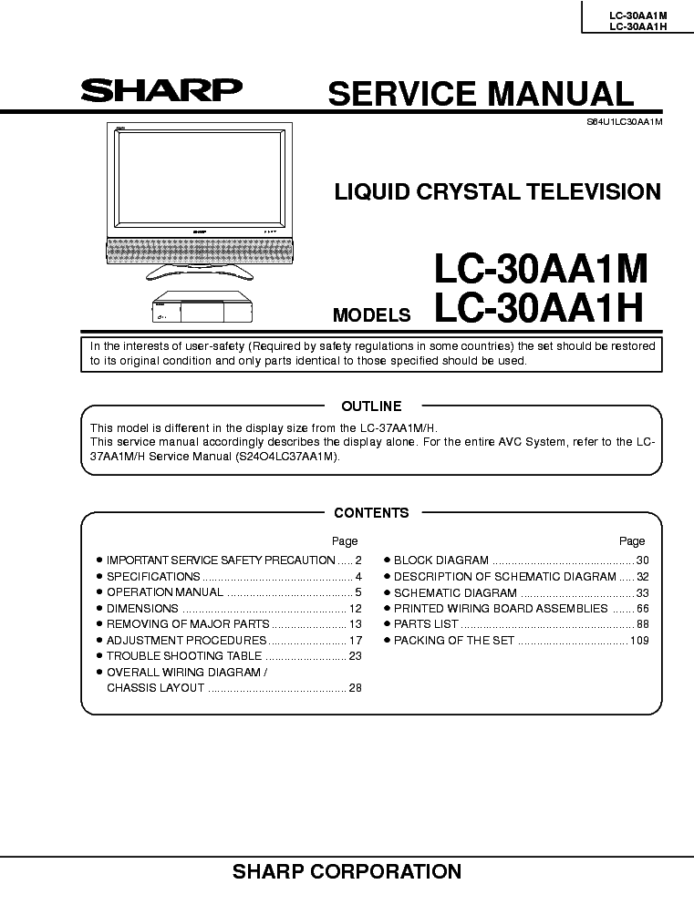 SHARP TV LCD LC-30AA1H LC-30AA1H service manual (1st page)