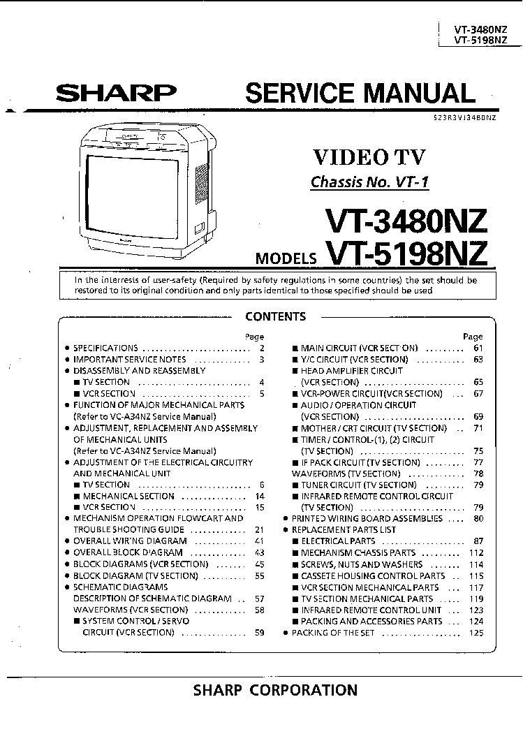 SHARP VT-3480NZ VT-5198NZ CHASSIS VT-1 SM service manual (1st page)