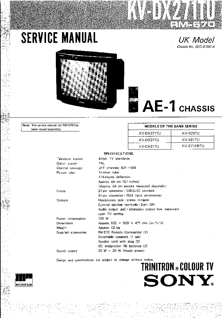 SONY CHASSIS AE1 KVDX271TU TV SM service manual (1st page)