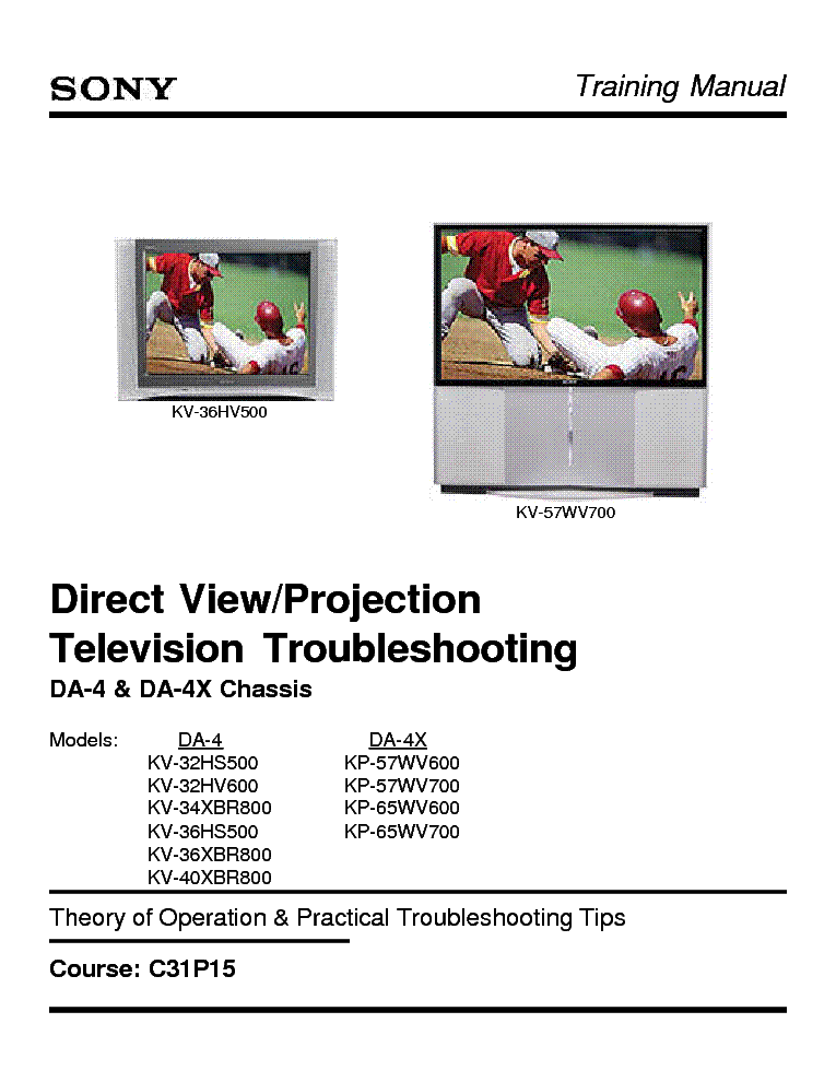SONY CHASSIS DA-4 4X KV32 34 36 40XBR800 HS500 HV600 KP57 65WV700 600 TRAINING service manual (1st page)