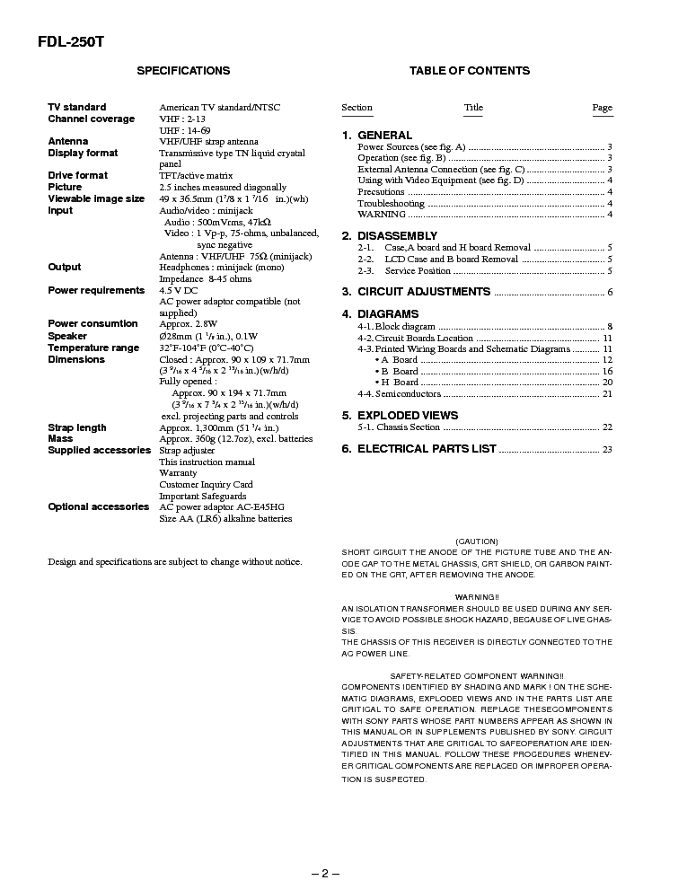 SONY FDL-250T SM service manual (2nd page)