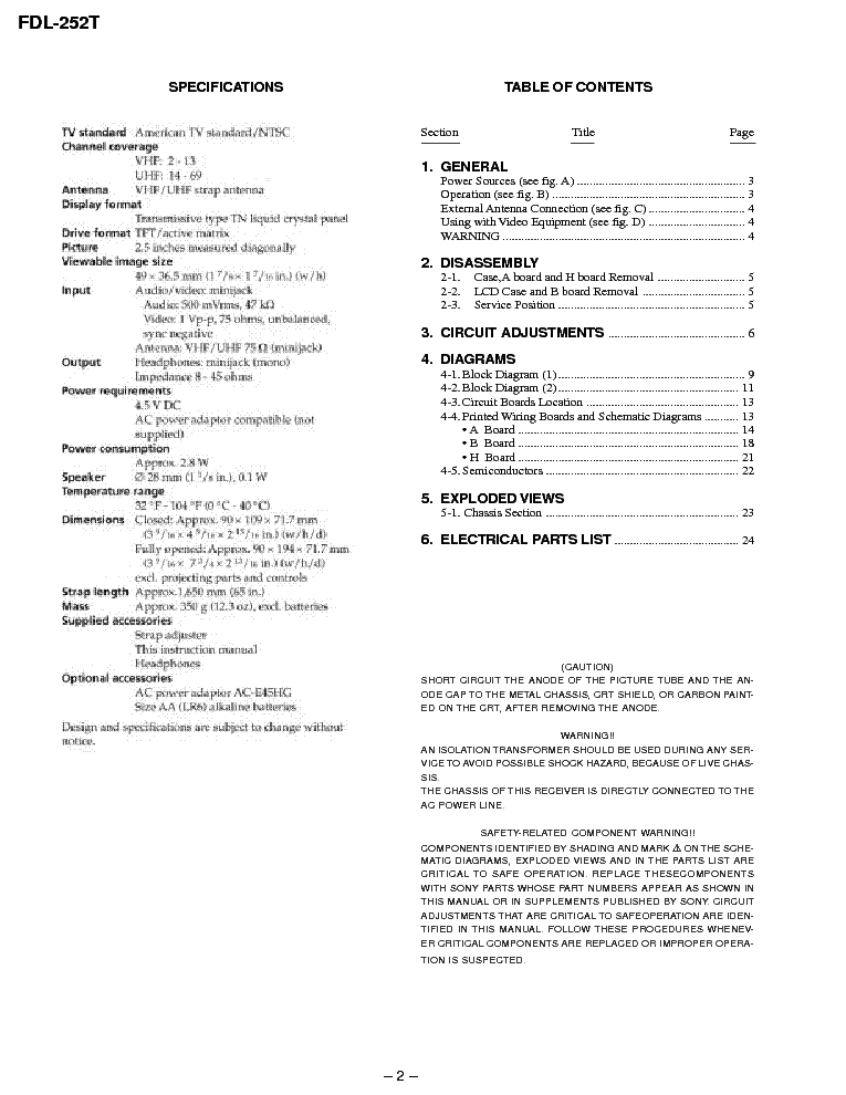 SONY FDL-252T service manual (2nd page)